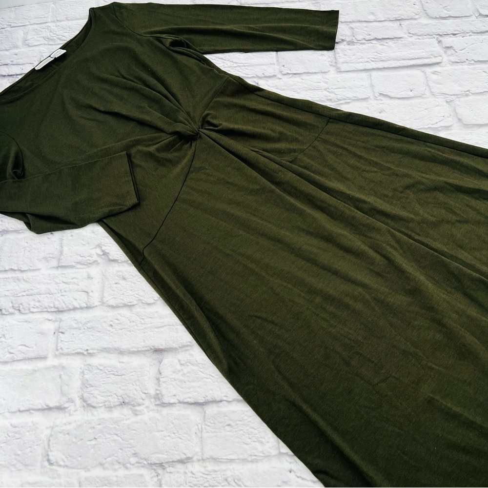 Newport News Dark Olive Green Long Sleeve Dress Large Midi Fit Flare Cinch Waist